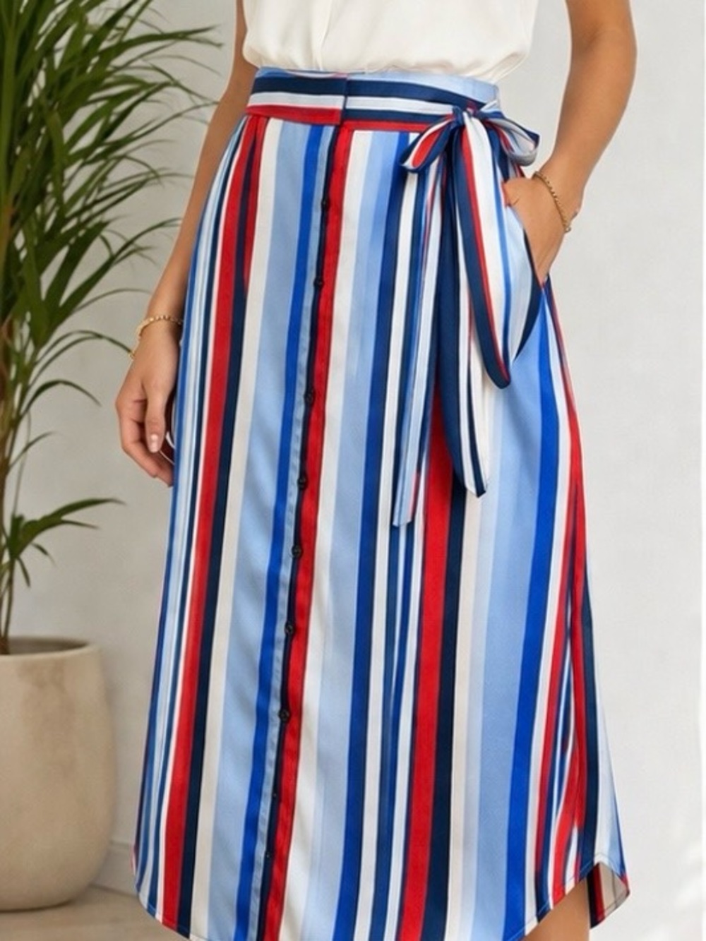 Lauren Ralph Lauren Striped Midi Skirt Size 8 Tie Waist Nautical Preppy Chic